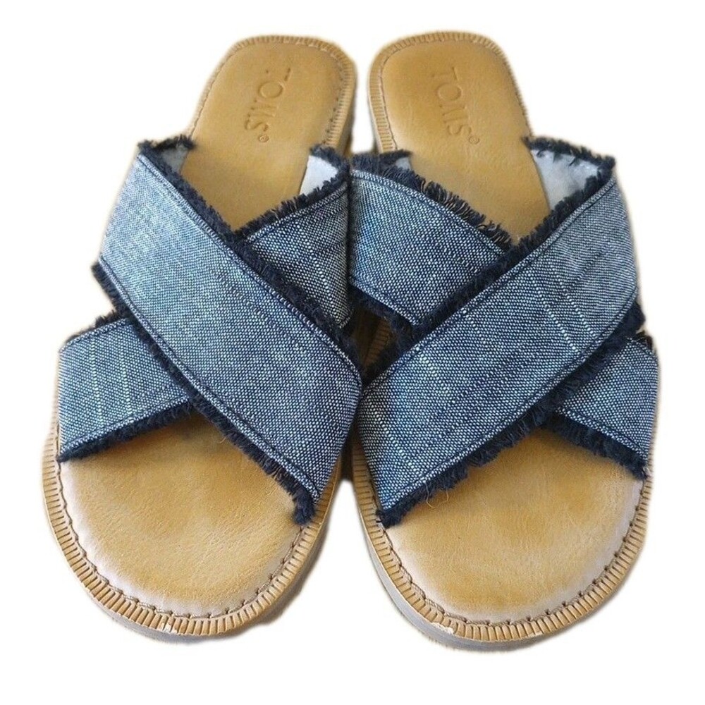 Toms Slide Sandals Womens Size 6 Slip On Casual Black Heather Denim Flats